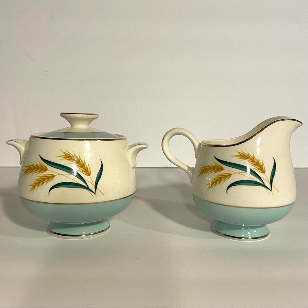 VTG Mid-Century International DS Co Viking Wheat Aqua Creamer and Sugar Bowl Set